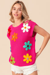 BiBi Flower Round Neck Cap Sleeve Knit Top OutfitFlow